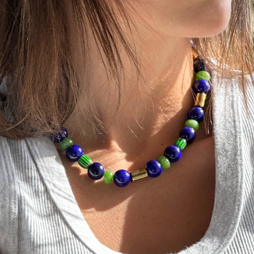 Colar | Contas de Vidro Azul, Cristais, Murano Verde & Hematitas