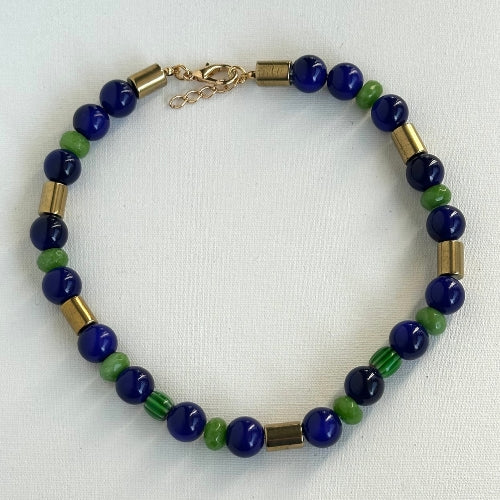 Colar | Contas de Vidro Azul, Cristais, Murano Verde & Hematitas