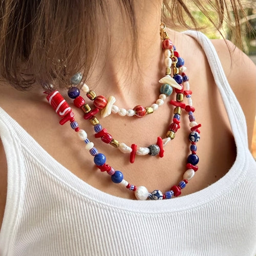 Colar | Miçanga Coral, Pérola, Murano & Contas de Porcelana